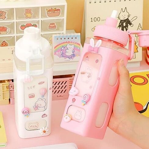Kawaii Straw Water Bottle with Stickers and Strap, Cute Aesthetic Water Bottles BPA Free Leakproof Shaker Drink Bottle for School in Saudi Arabia