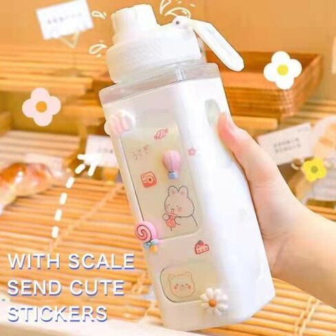 Kawaii Straw Water Bottle with Stickers and Strap, Cute Aesthetic Water Bottles BPA Free Leakproof Shaker Drink Bottle for School in Saudi Arabia