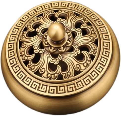 مبخرة نحاسية مستديرة، مبخرة بقاعدة مسطحة مع غطاء منقوش مموج، حاوية رماد حامل بخور عتيق للمنزل، المكتب، الفندق، المطعم (دائري)، هدايا يدوية للزينة الداخلية in Kuwait