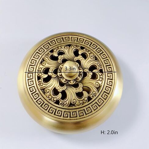 مبخرة نحاسية مستديرة، مبخرة بقاعدة مسطحة مع غطاء منقوش مموج، حاوية رماد حامل بخور عتيق للمنزل، المكتب، الفندق، المطعم (دائري)، هدايا يدوية للزينة الداخلية in Kuwait