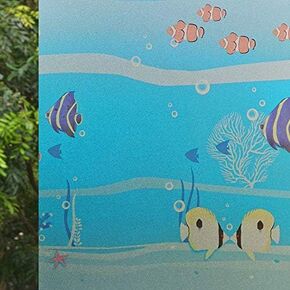 VSUDO 17.7" x 157.5" No Glue Static Cling Privacy Window Film, Ocean Fish Pattern Home Decor Window Tint Sticker (19.38 sq. ft)