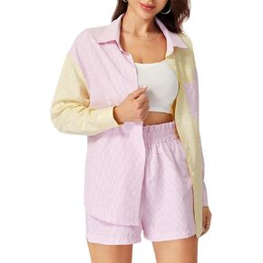 WDIRARA Women's 2 Piece Striped Print Long Sleeve Lapel Neck Button Down Shirt and Elastic Waist Pants Set