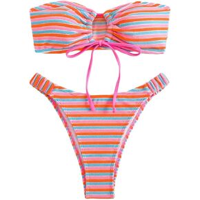 Women's Striped Printed Bandeau Bathing Suit High Waisted Swimsuit Bikini Set