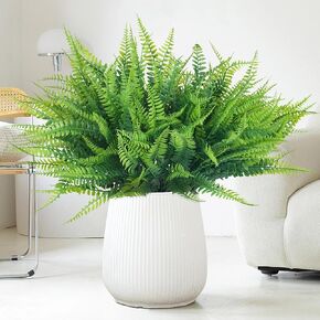 16 Bundles Artificial Boston Fern, UV Resistant Plastic Fake Ferns Plants Faux Greenery Stems Leaves Shrubs for Outdoor Indoor Garden Hanging Yard Porch Decoration