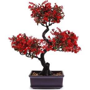 HANABASS Artificial Bonsai Tree Red Blossom Faux Potted Plant Fake Bonsai in Pot Plant Landscape Desk Decoration for Home Bedroom Living Room Office Decor