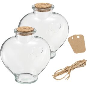 uxcell 2 Pcs 18 oz/600ML Heart Shaped Glass Jars With Cork Stoppers, Clear Message Wishing Bottle with Twine and Blank Tags for Halloween Decorations, Wedding Shower Favors