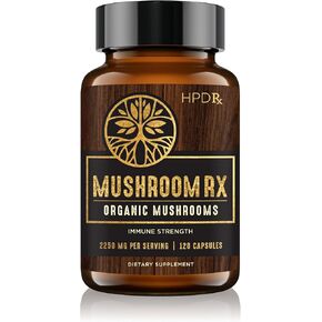 مزيج خلاصة الفطر العضوي من Mushroom Rx جرعة مناعة قصوى، وعرف الأسد، وشاجا، وريشي، وشيتاكي مايتاكي، ومكملات فطر ذيل الديك الرومي | 2250 مجم، كمية تكفي لمدة 30 يومًا، عبوة من قطعة واحدة