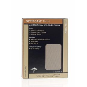 Medline Optifoam Thin Adhesive Foam Dressing, 4" x 4", Ideal for Wound Care in Educational Packaging, Pack of 10