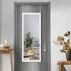 NeuType 44" x 16" Over The Door Mirror Full Length Mirror Door Mirror Wall Mirror Hanging with 2 Metal Hangers for Bedroom Living Room Bathroom White