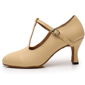 HROYL Women Ballroom Dance Shoes Closed Toe Latin Salsa T-strap Modern Tango Walts Character Shoes Model-L041