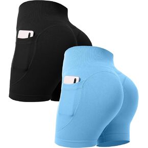 OVESPORT 2 Pack Scrunch Butt Lifting Workout Shorts for Women with Pockets High Waist Seamless Gym Yoga Shorts