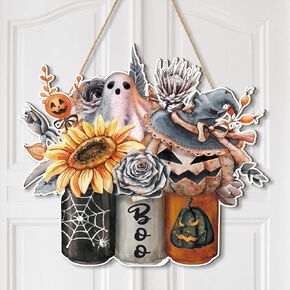 BBTO Halloween Hanging Sign Boo Front Door Sign Orange Black Ghost Pumpkin Mason Jar Sign Rustic Wooden Wall Decor for Porch Outdoor Home Decor