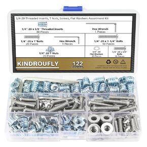 1/4-20 Threaded Inserts for Wood, 1/4-20 T Nuts, 1/4-20 Bolts Fully Threaded Button Head Socket Cap Screws, Length 3/4" 1" and 1/4" Washers with Hex Wrench, Total 64 Pieces