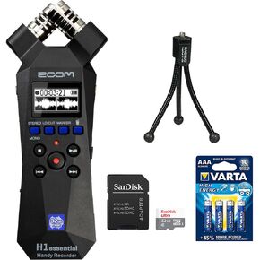 Zoom H1essential 2-Track 32-Bit Float Portable Audio Recorder Bundle with SanDisk 32GB Memory Card with SD Adapter, Varta High Energy AAA 4 Pack and Magnus SnapPod Compact Tabletop Tripod