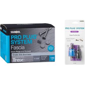 Pro Plug System for Fascia Plug & Screw Kit - Trex Coastal Bluff Fascia Plugs & Stainless Steel Screws-9 x 1-7/8" T-20 Star Dr- 100 Pieces and Fascia Plug Tool Set