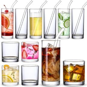 [ 12 Pack ] Glass Cups with Glass Straws, 12oz Highball & Rock Drinking Glasses, Everyday Drinkware Glasses Set, Cute Tumbler Cup, Kitchen Glasses for Iced Coffee, Water, Beer, Cocktail, Whiskey Gift.