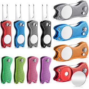 Poen 12 Pieces Golf Divot Tool Golf Divot Repair Tool with Magnetic Ball Marker and Popping Button Metal Foldable Golf Divot Fixer