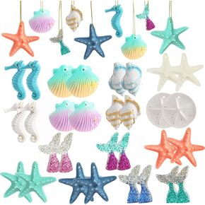 CCINEE 40 Pieces Resin Starfish Ornaments, Multicolored Christmas Ocean Themed Hanging Ornaments Pencil Finger Seashells with Ropes for Christmas Tree Beach Theme Birthday Home Decor DIY Craft Project