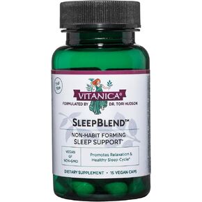 Vitanica SleepBlend - Sleep & Relaxation Support for Women - Herbal Supplements with Melatonin, Valerian Root, Vitamin B2 & B12 & Magnesium - Consumer Line - 15 Vegan Caps