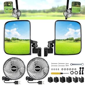 NOKINS No Drilling Golf Cart Side Rear View Mirrors & Golf Cart Fans(2Pcs) Fit for Club Car/EZGO/Yamaha and Others 0.75"/1''/1.25" Square, Tube Adjustable 180 Degree
