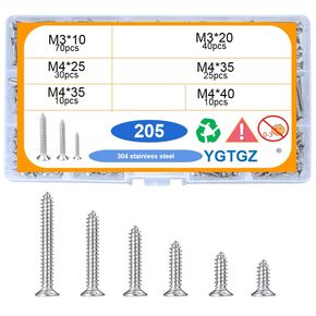 205PCS Self Tapping Screws Assortment Fasteners Set, M3/M4/M5 Sheet Metal Screws Fasteners Kit, Round Phillips Drive Flat Countersunk Head Wood Screws for Woodworking and Furniture Fixing