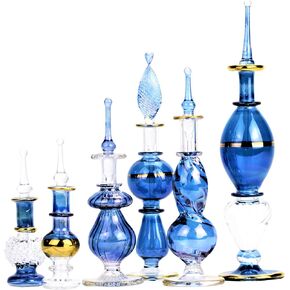 Egyptian Perfume Bottles All blue 2-5 in Collection Set of 6 Mouth-Blown Decorative Glass with Handmade Golden Egyptian Decoration for Perfumes & Essential Oils