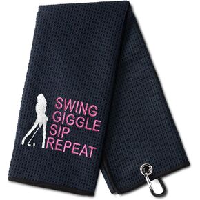 Swing Giggle Sip Repeat Funny Golf Towel, Embroidered Golf Towels for Golf Bags with Clip, Women's Golf Accessories, Golf Gifts for Mom, Birthday Retirement Gift for Mom Golf Fans