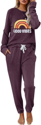 Eurivicy Women's Good Vibes Graphic 2 Piece Outfit Long Sleeve Pullover and Drawstring Sweatpants Sweatsuit Set in Saudi Arabia