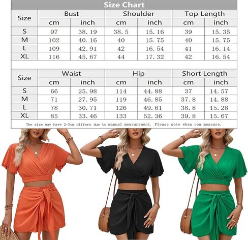 HBER المرأة مجموعات قصيرة 2 قطعة ملابس الصيف الخامس الرقبة كشكش قصيرة الأكمام المحاصيل الأعلى والتفاف مجموعة السراويل القصيرة مطابقة مجموعات الشاطئ in Kuwait