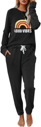 Eurivicy Women's Good Vibes Graphic 2 Piece Outfit Long Sleeve Pullover and Drawstring Sweatpants Sweatsuit Set in Saudi Arabia