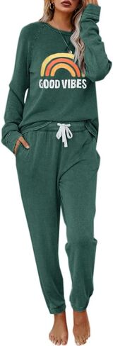 Eurivicy Women's Good Vibes Graphic 2 Piece Outfit Long Sleeve Pullover and Drawstring Sweatpants Sweatsuit Set in Saudi Arabia