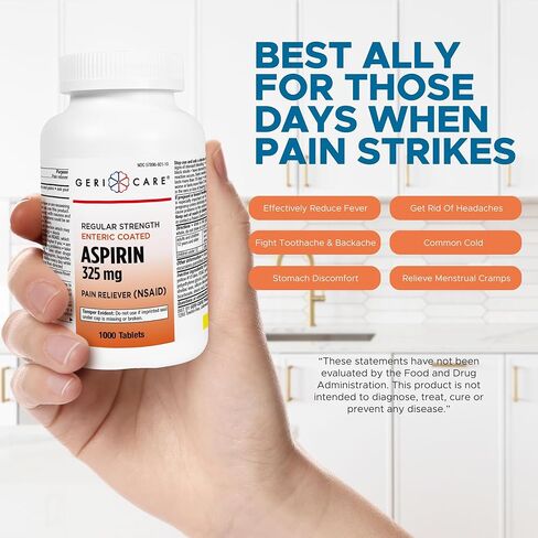 GeriCare Enteric Coated Aspirin Tablets 325mg (1000 Count) NSAID Pain Reliever & Fever Reducer Coated Aspirin for Adults- Regular Strength Aspirin for Headache Arthritis Menstrual & Muscle Pain in Kuwait