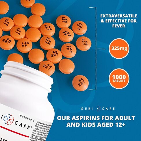 GeriCare Enteric Coated Aspirin Tablets 325mg (1000 Count) NSAID Pain Reliever & Fever Reducer Coated Aspirin for Adults- Regular Strength Aspirin for Headache Arthritis Menstrual & Muscle Pain in Kuwait