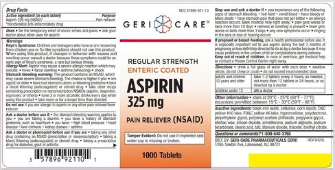 GeriCare Enteric Coated Aspirin Tablets 325mg (1000 Count) NSAID Pain Reliever & Fever Reducer Coated Aspirin for Adults- Regular Strength Aspirin for Headache Arthritis Menstrual & Muscle Pain in Kuwait