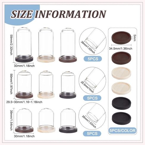 BENECREAT 15 Sets Mini Clear Glass Cloche Dome 1.5/2/2.3 Inch Glass Display Cloche Dome with 3 Colors Solid Wood Base Cloche Bell Jar for Flower Decorations Crafts in Saudi Arabia