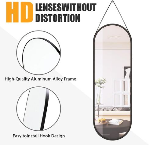Oval Full Length Mirror,16''x 48'' Long Oval Hanging Mirror for Walll/Leather Strap Full Length Wall Black Aluminum Alloy Frame Wall-Mounted Mirror for Bathroom,Bedroom,Women Dressing Mirror in Saudi Arabia