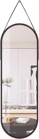 Oval Full Length Mirror,16''x 48'' Long Oval Hanging Mirror for Walll/Leather Strap Full Length Wall Black Aluminum Alloy Frame Wall-Mounted Mirror for Bathroom,Bedroom,Women Dressing Mirror in Saudi Arabia