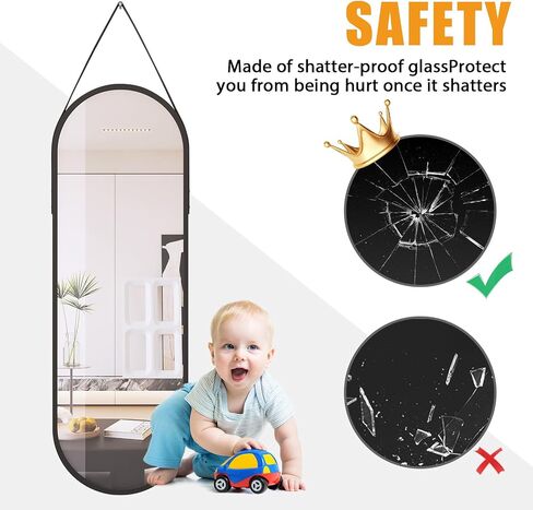Oval Full Length Mirror,16''x 48'' Long Oval Hanging Mirror for Walll/Leather Strap Full Length Wall Black Aluminum Alloy Frame Wall-Mounted Mirror for Bathroom,Bedroom,Women Dressing Mirror in Saudi Arabia