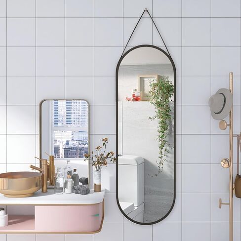 Oval Full Length Mirror,16''x 48'' Long Oval Hanging Mirror for Walll/Leather Strap Full Length Wall Black Aluminum Alloy Frame Wall-Mounted Mirror for Bathroom,Bedroom,Women Dressing Mirror in Saudi Arabia