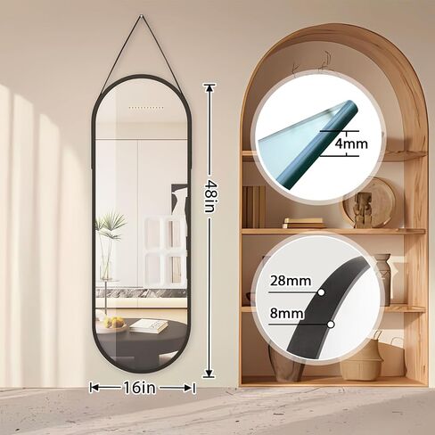 Oval Full Length Mirror,16''x 48'' Long Oval Hanging Mirror for Walll/Leather Strap Full Length Wall Black Aluminum Alloy Frame Wall-Mounted Mirror for Bathroom,Bedroom,Women Dressing Mirror in Saudi Arabia