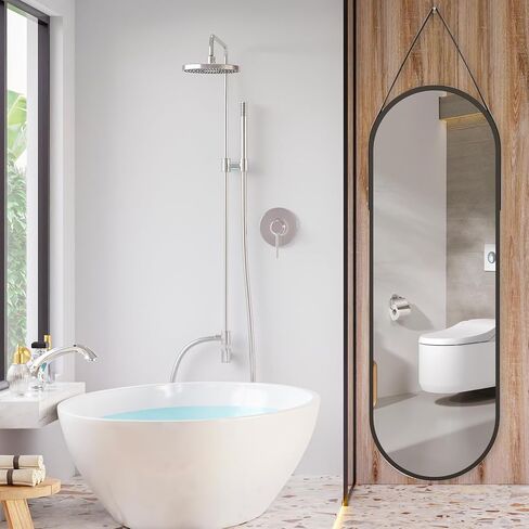 Oval Full Length Mirror,16''x 48'' Long Oval Hanging Mirror for Walll/Leather Strap Full Length Wall Black Aluminum Alloy Frame Wall-Mounted Mirror for Bathroom,Bedroom,Women Dressing Mirror in Saudi Arabia