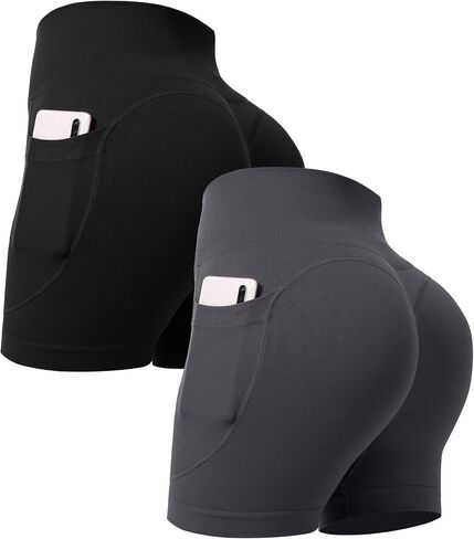 OVESPORT 2 Pack Scrunch Butt Lifting Workout Shorts for Women with Pockets High Waist Seamless Gym Yoga Shorts in Saudi Arabia