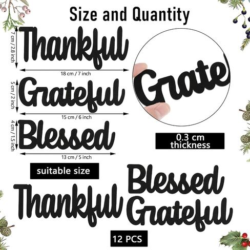 12 Pieces Thankful Grateful Blessed Wood Cutout Thankful Plate Letter Sign Decor Rustic Inspirational Letter Cutout Small Thanksgiving Tabletop Decor Sign for Thanksgiving Decor (Black Color) in Saudi Arabia