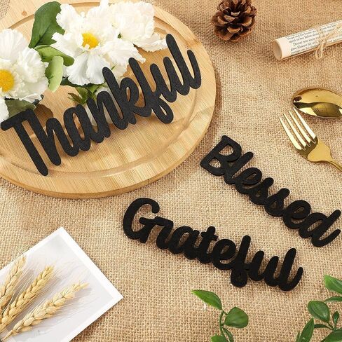 12 Pieces Thankful Grateful Blessed Wood Cutout Thankful Plate Letter Sign Decor Rustic Inspirational Letter Cutout Small Thanksgiving Tabletop Decor Sign for Thanksgiving Decor (Black Color) in Saudi Arabia