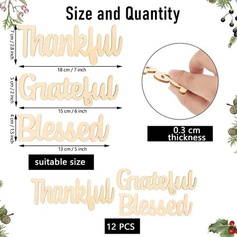 12 Pieces Thankful Grateful Blessed Wood Cutout Thankful Plate Letter Sign Decor Rustic Inspirational Letter Cutout Small Thanksgiving Tabletop Decor Sign for Thanksgiving Decor (Black Color) in Saudi Arabia