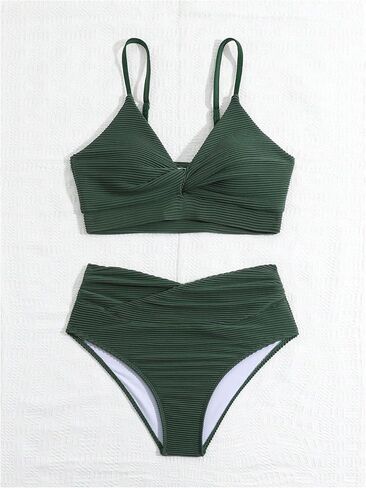 Girl's 2 Piece Swimsuit Textured Twist Sleeveless V Neck Bikini Set High Waisted Bathing Suit in Saudi Arabia
