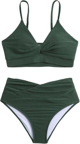Girl's 2 Piece Swimsuit Textured Twist Sleeveless V Neck Bikini Set High Waisted Bathing Suit in Saudi Arabia