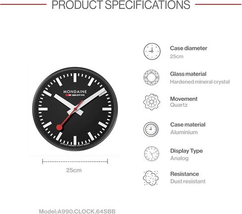 Mondaine - ساعة حائط A990.Clock.16SBB 25 سم - ساعة السكك الحديدية السويسرية الرسمية - غلاف ألومنيوم أحمر مستعمل - ساعات حائط مقاومة للغبار - صنع في سويسرا in Kuwait