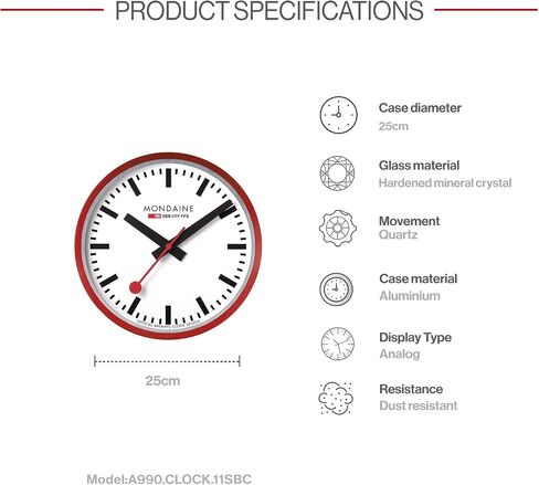 Mondaine - A990.Clock.64SBB Wall Clock - Black Dial Black Frame - Wall Clocks - Made in Switzerland in Saudi Arabia
