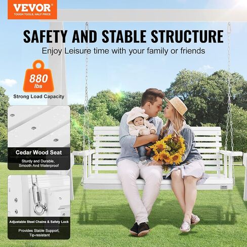 VEVOR Wooden Porch Swing 5.5FT with 2 Side Cup Holders, Heavy Duty 880lbs Patio Swing, Outdoor Swing Hanging Chair, Bench Swing with Adjustable Chains for Front Porch, Yard, Balcony, Garden, White in Saudi Arabia